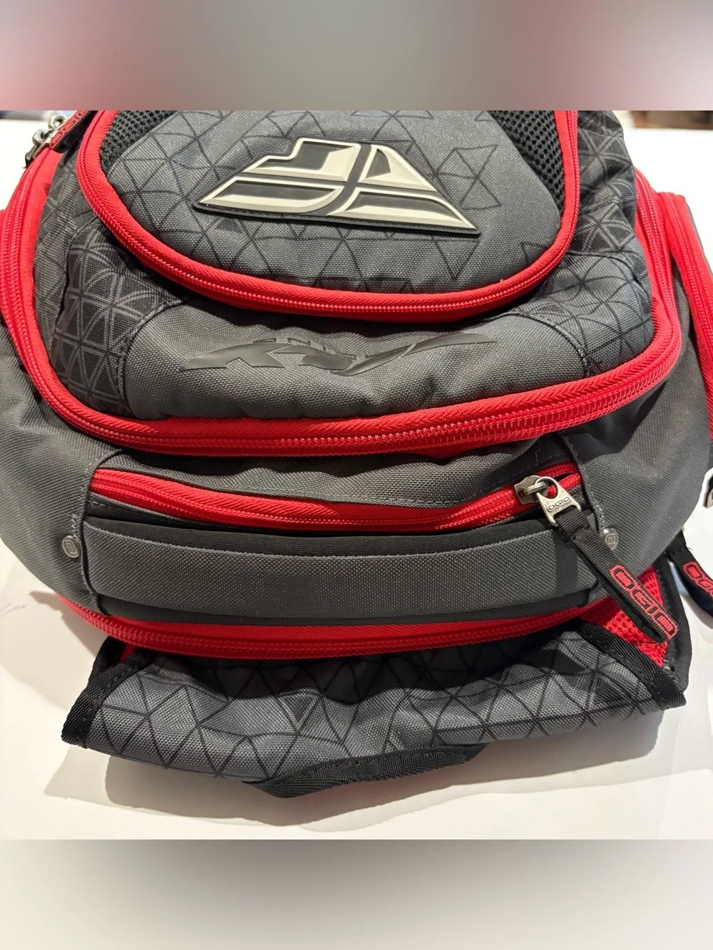 OGIO Fly Racing Bandit Backpack Gray Red Laptop School Travel Moto Gear Bag Pack